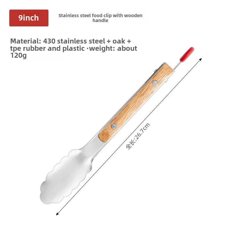 Stainless steel food tongs with heat-resistant wooden handles, anti-scald steak tongs, BBQ outdoor grill tongs, bread clips