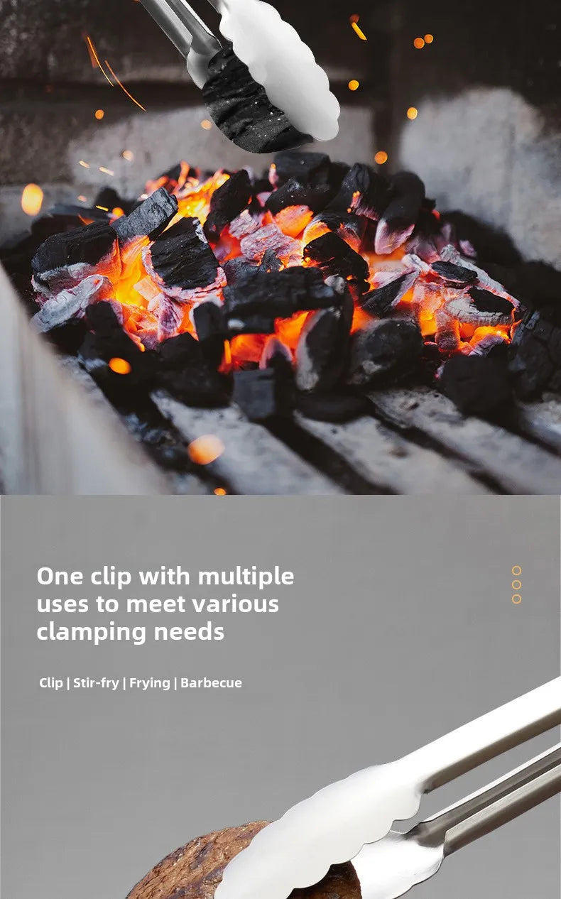 Stainless steel food tongs with heat-resistant wooden handles, anti-scald steak tongs, BBQ outdoor grill tongs, bread clips