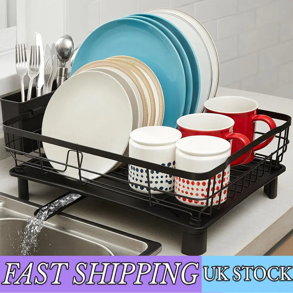 UK Large Kitchen Sink Dish Drainer Rack With Drip Tray And Plate Cutlery Holde