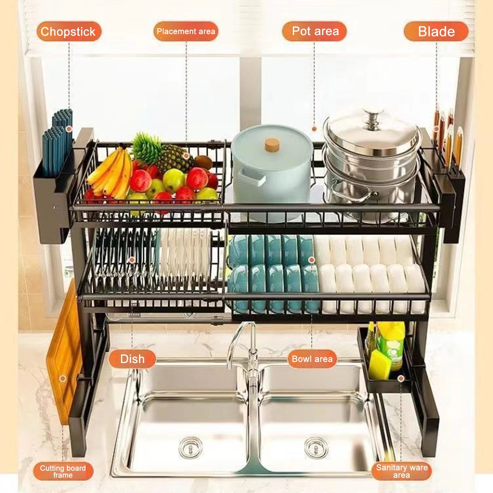 2 Tier Kitchen Storage Shelf Above Sink Stretchable Bowl Draining Rack Multifunctional Dish Knife Spoon Sink Rack Set Organizer
