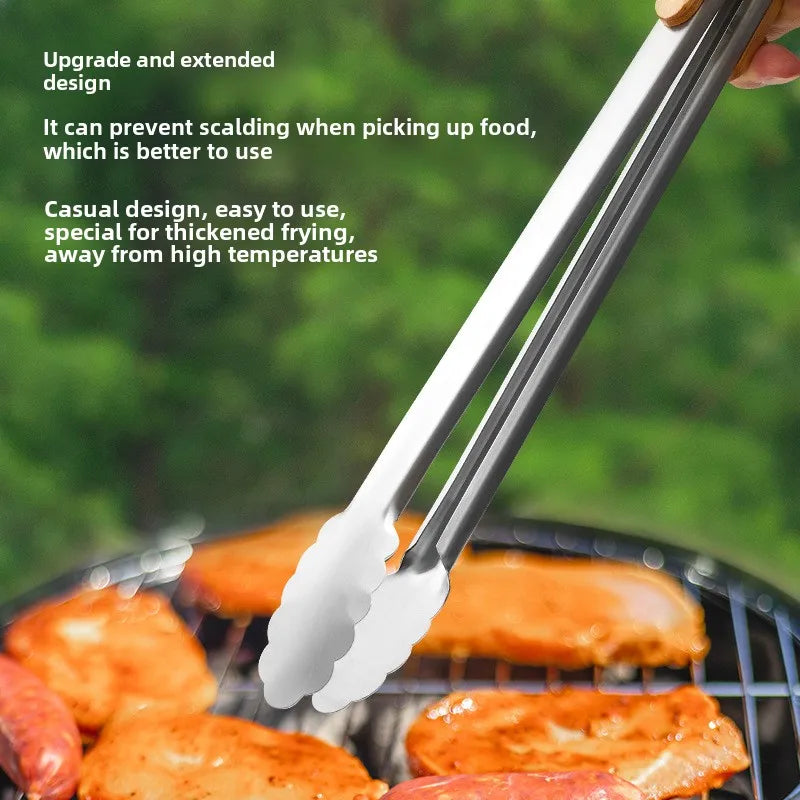 Stainless steel food tongs with heat-resistant wooden handles, anti-scald steak tongs, BBQ outdoor grill tongs, bread clips