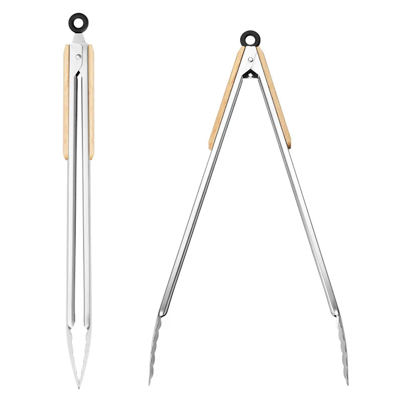 Stainless steel food tongs with heat-resistant wooden handles, anti-scald steak tongs, BBQ outdoor grill tongs, bread clips