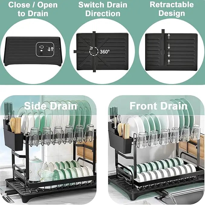 2-Tier Carbon Steel Dish Rack with Large Capacity - Double Layer Plate & Cup Drying Drainer, Cutlery Holder