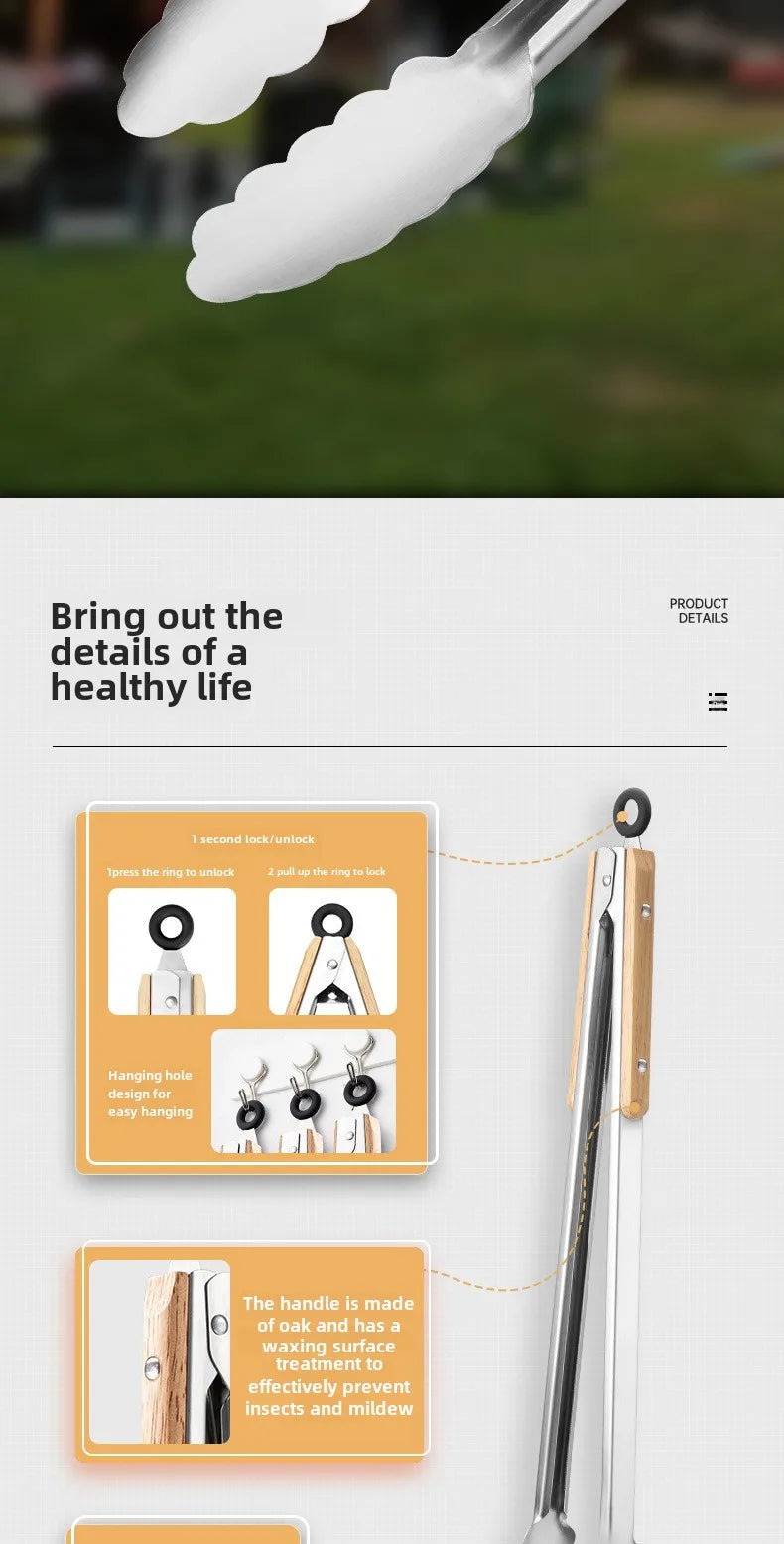 Stainless steel food tongs with heat-resistant wooden handles, anti-scald steak tongs, BBQ outdoor grill tongs, bread clips