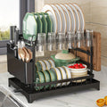 2-Tier Carbon Steel Dish Rack with Large Capacity - Double Layer Plate & Cup Drying Drainer, Cutlery Holder