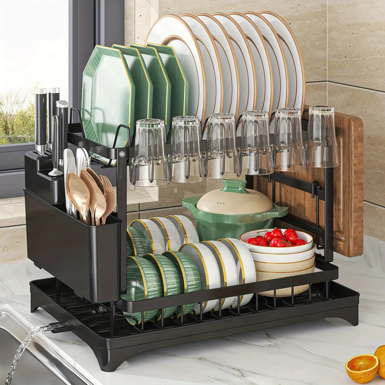 2-Tier Carbon Steel Dish Rack with Large Capacity - Double Layer Plate & Cup Drying Drainer, Cutlery Holder