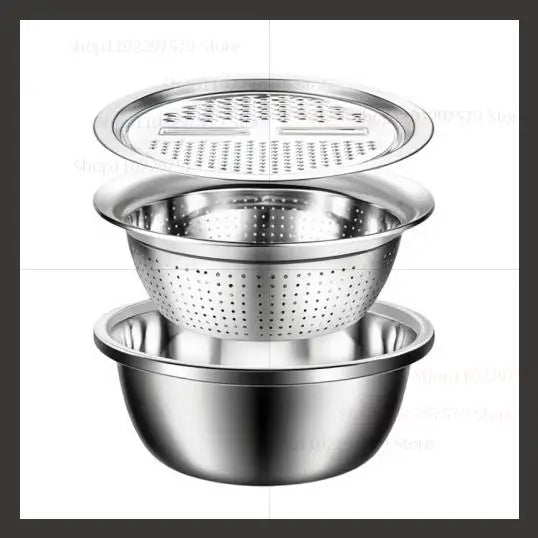 3-in-1 Vegetable Slicer Cutter Grater Drain Basket Stainless Steel Salad Maker Bowl Kitchen Gadgets Fruits Vegetables Cooking