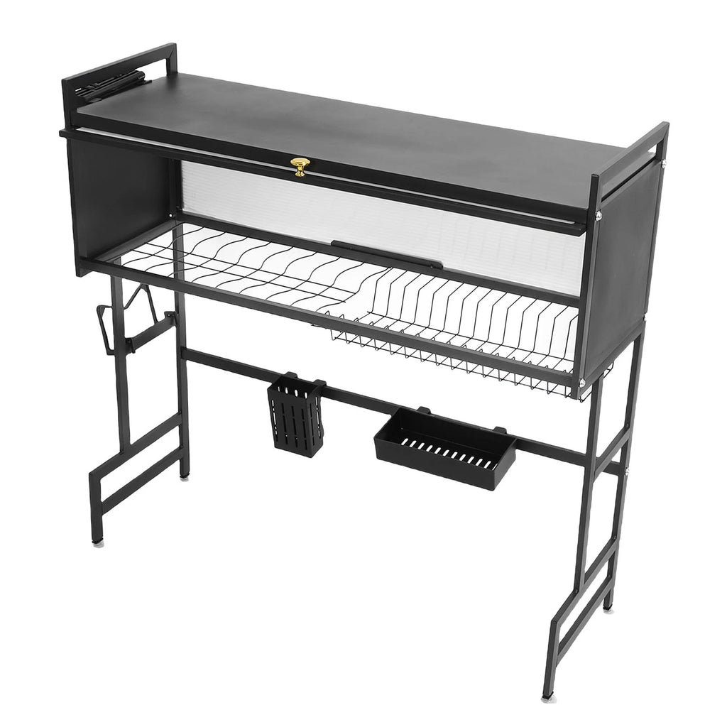 Over Sink Dish Drying Rack Carbon Steel Space Saving 2 Tier Above Kitchen Sink Dish Drying Drainer Rack with Cover for Kitchen