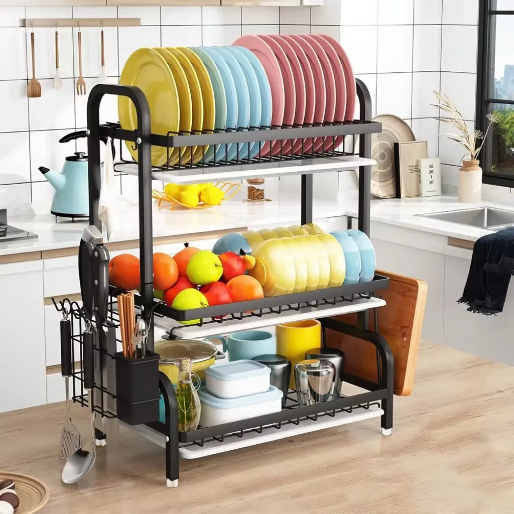 3-tier Dish Drying Drainer Rack, Multifunctional Rustproof Countertop Metal Single Dish Storage Rack, for Kitchen Restaurant
