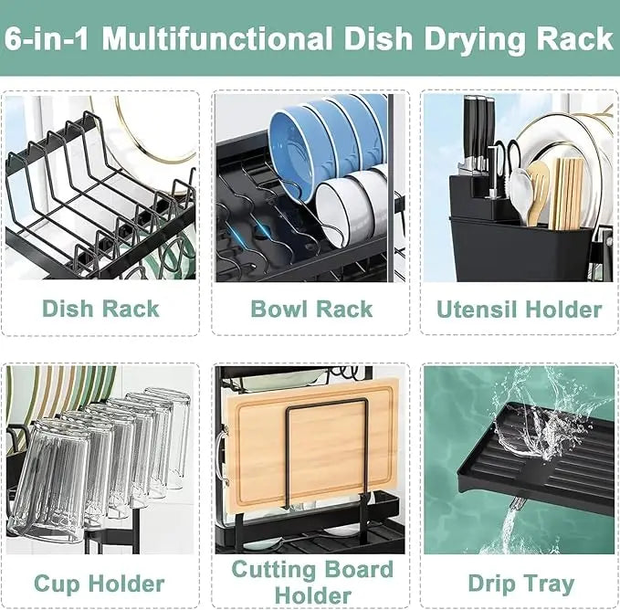 2-Tier Carbon Steel Dish Rack with Large Capacity - Double Layer Plate & Cup Drying Drainer, Cutlery Holder
