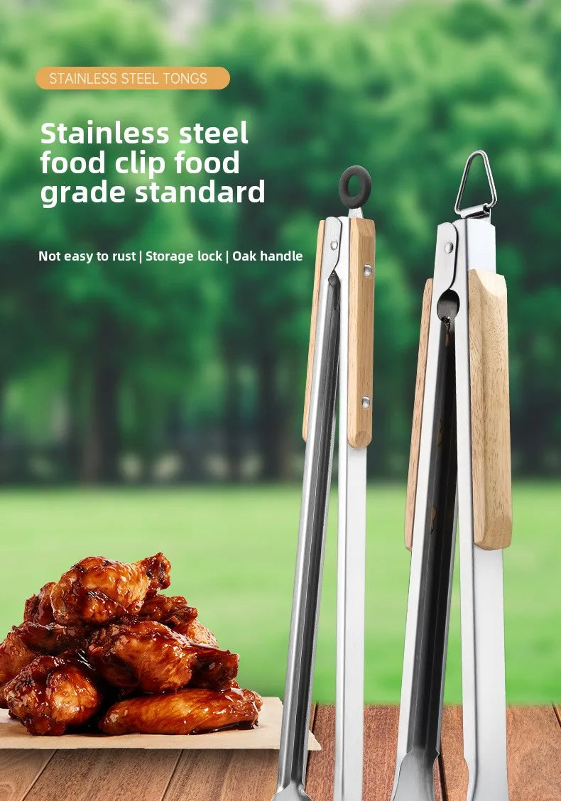 Stainless steel food tongs with heat-resistant wooden handles, anti-scald steak tongs, BBQ outdoor grill tongs, bread clips