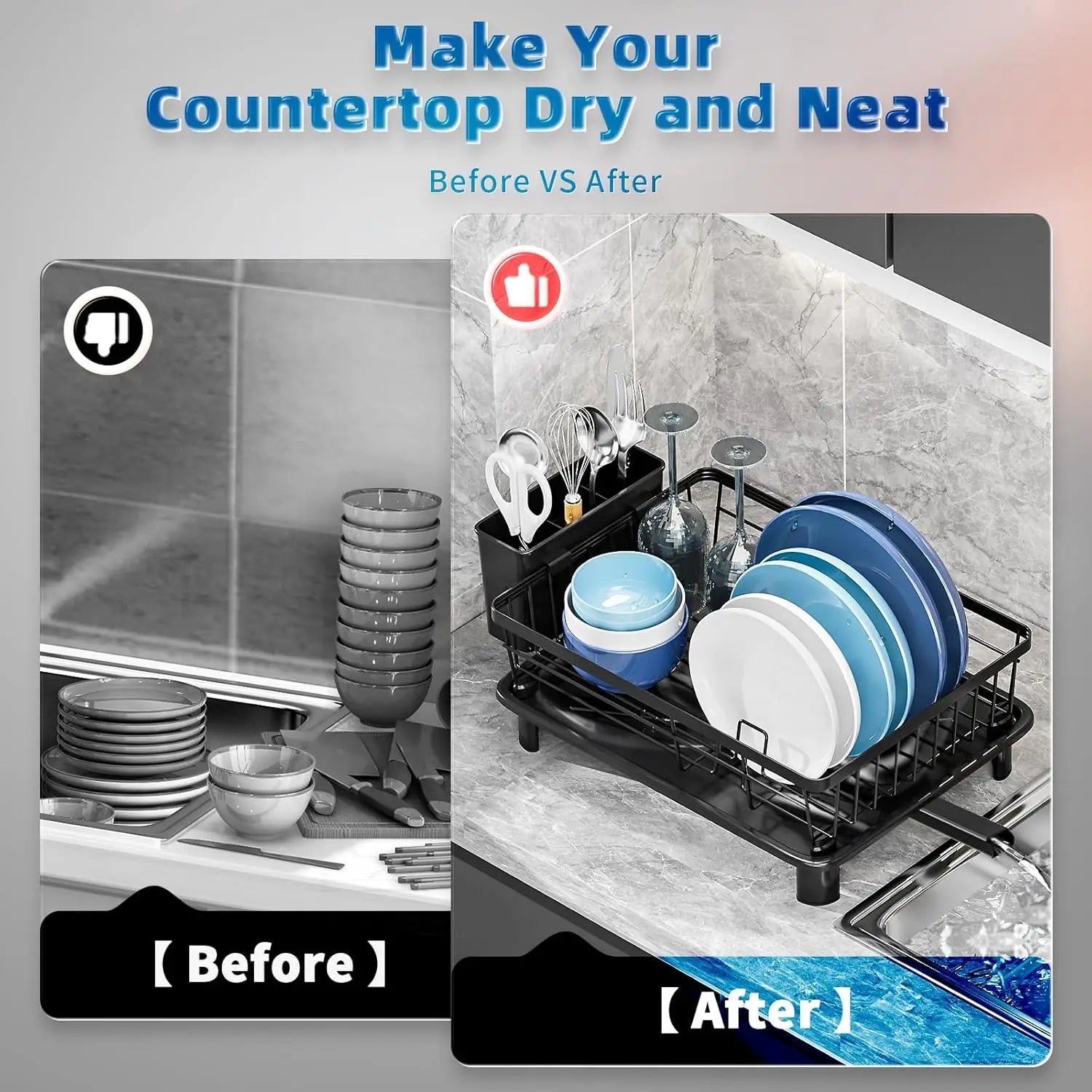 dish draining rack,Cutlery rack with drain tray and drip line,cup holder,cutlery holder,Kitchen countertop storage rack