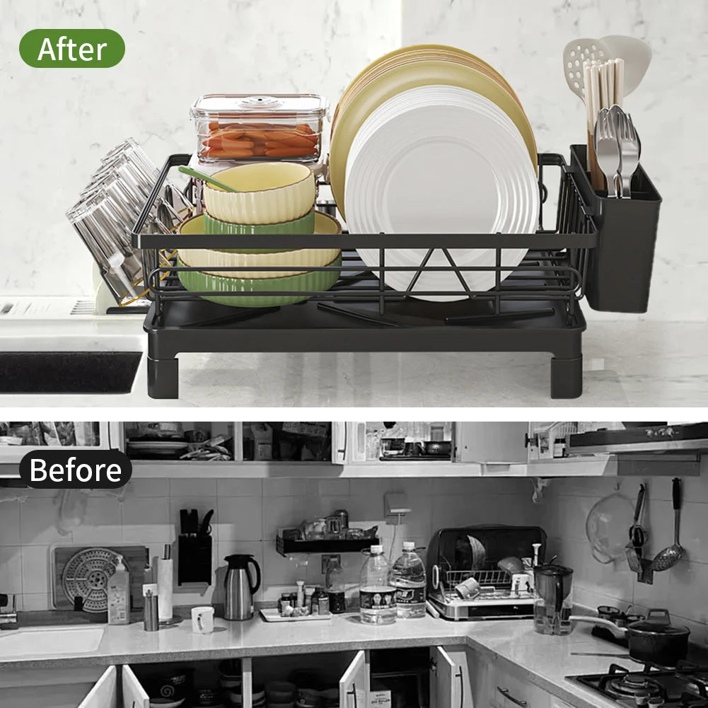 Black Single Layer Dish Rack, Drainer Rack,  Dish Drying Rack，Steel Plate and Bowl Organizer, 50 x 25 x 20 cm