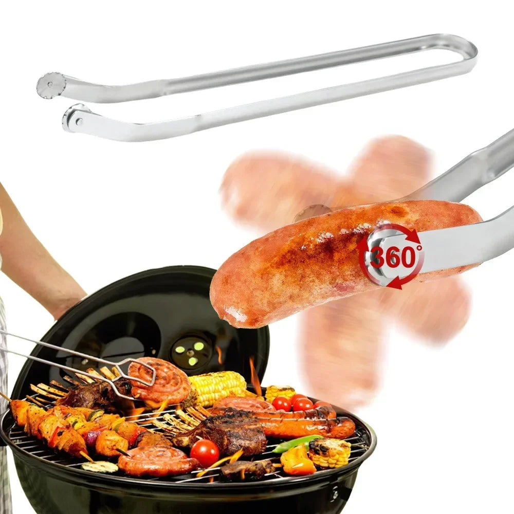 BBQ Sausage Turning Tongs Kitchen Hot Dogs Cooking Clip Stainless Steel Barbecue Long Handle Tongs for Flipping Bacon Steak Meat