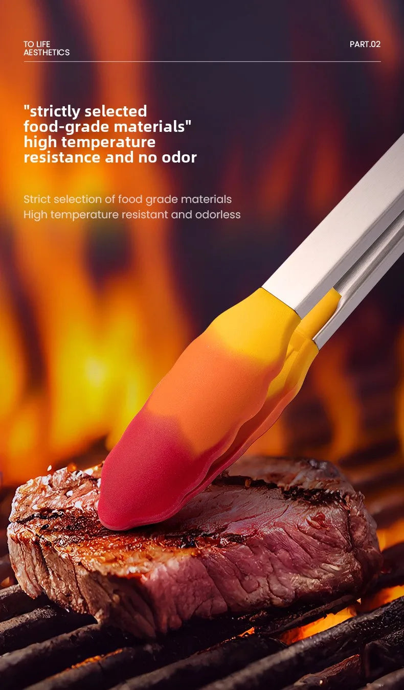 Heat-resistant silicone food tongs kitchen tool stainless steel food tongs anti-scald steak tongs barbecue tongs bread tongs
