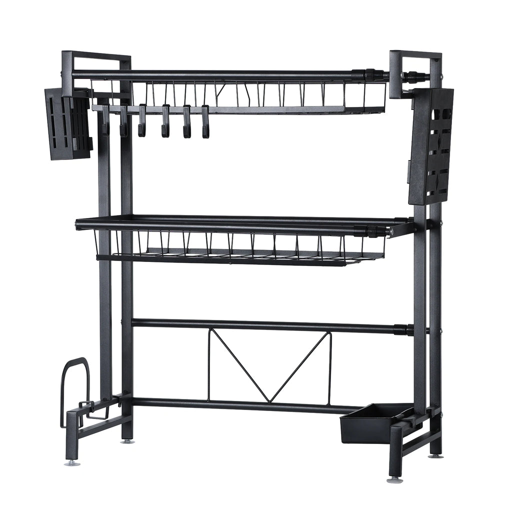 2 Tier Kitchen Storage Shelf Above Sink Stretchable Bowl Draining Rack Multifunctional Dish Knife Spoon Sink Rack Set Organizer