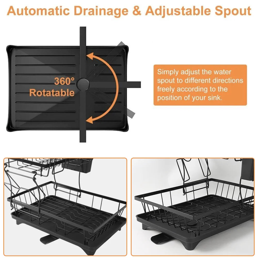 Dish Drying Rack 2-Tier Compact Kitchen Dish Rack Dish Drainer with Chopstick Cylinder Kitchen Drainer rack with spout