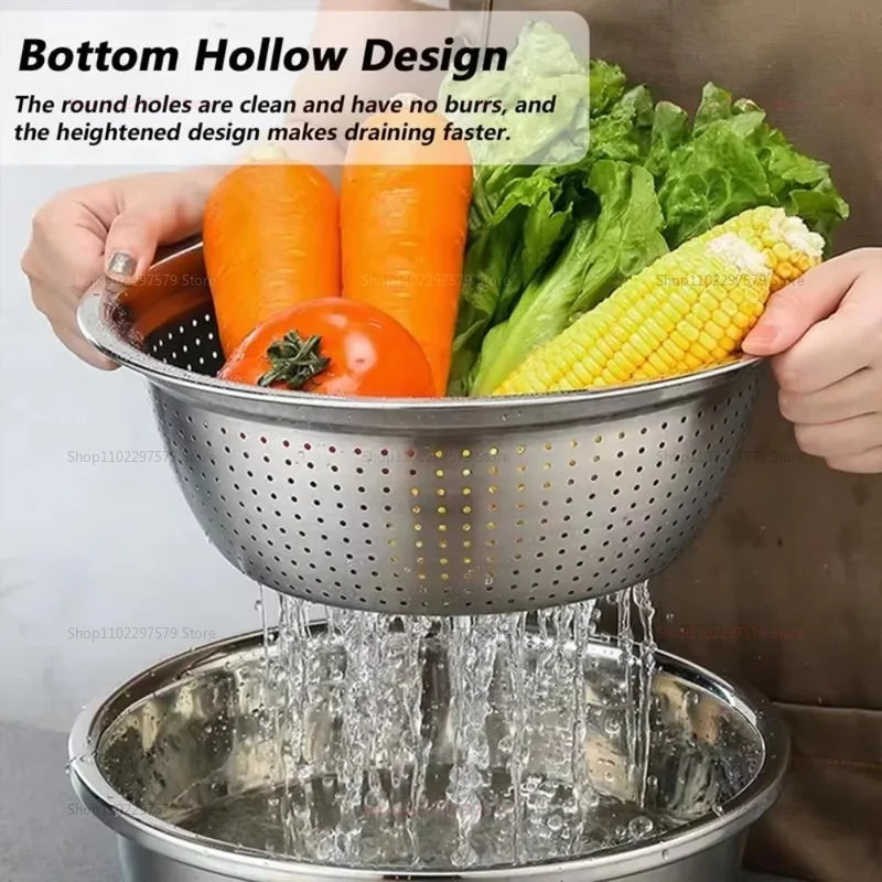 3-in-1 Vegetable Slicer Cutter Grater Drain Basket Stainless Steel Salad Maker Bowl Kitchen Gadgets Fruits Vegetables Cooking