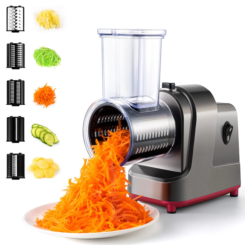 LMETJMA 250W 5 in 1 Electric Vegetable Slicer Shredder Automatic Salad Shooter Machine Cheese Grater Carrot Cabbage Cutter JT253
