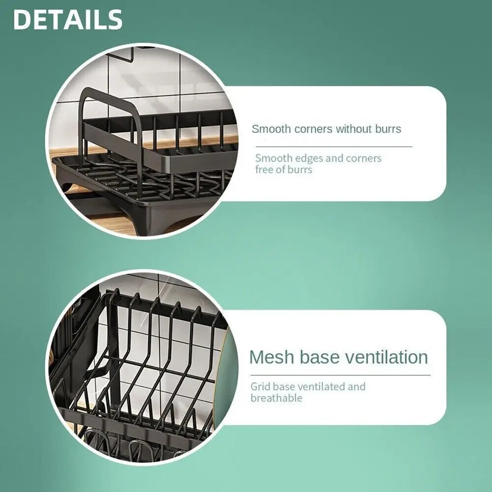 2-Tier Dish Drying Rack with Cutlery Holder, Carbon Steel & Plastic, Easy Install Over Sink Drainer, Sturdy Water Dish Storage