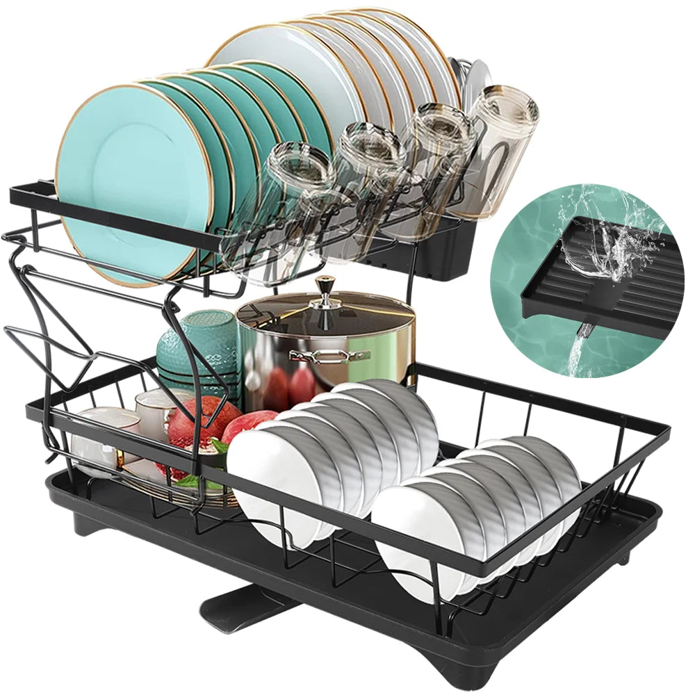 Dish Drying Rack 2-Tier Compact Kitchen Dish Rack Dish Drainer with Chopstick Cylinder Kitchen Drainer rack with spout