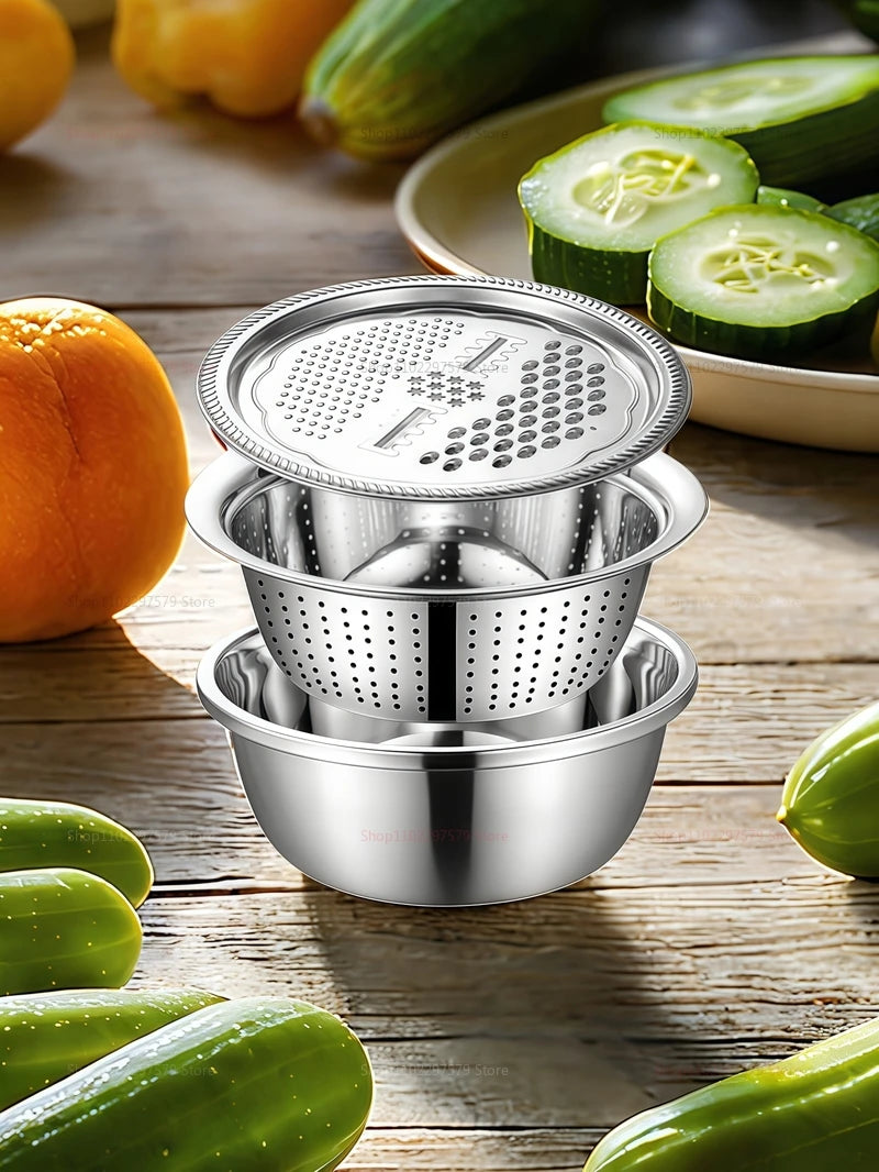 3-in-1 Vegetable Slicer Cutter Grater Drain Basket Stainless Steel Salad Maker Bowl Kitchen Gadgets Fruits Vegetables Cooking