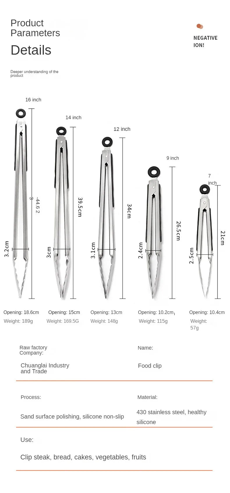 Steel food tongs BBQ grill tools 9 inch 12 inch 14 inch 16 inch factory wholesale stainless steel food tongs