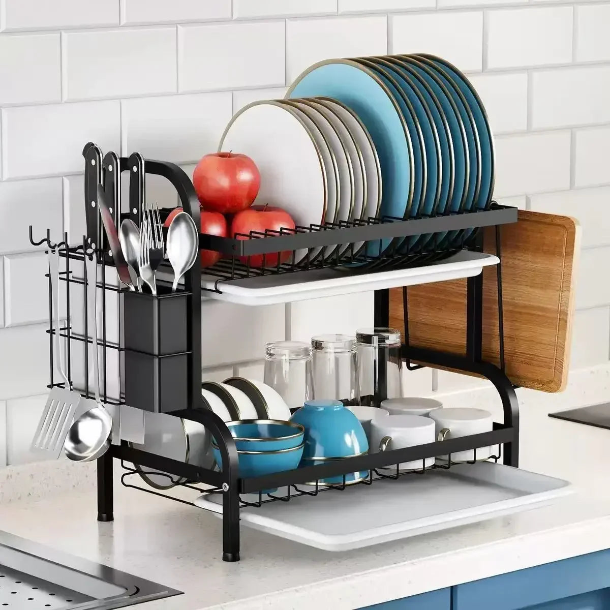 2025 New 2-Tier Stainless Steel Kitchen Countertop Dish Drainer with Utensil Holder Compact Rustproof Storage Organizer