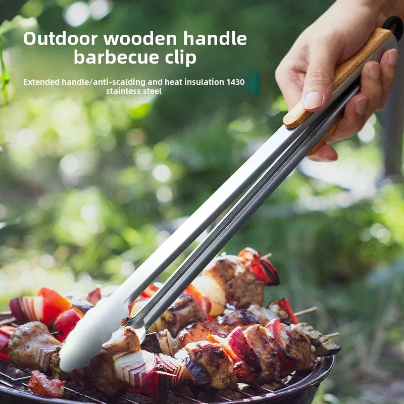 Stainless steel food tongs with heat-resistant wooden handles, anti-scald steak tongs, BBQ outdoor grill tongs, bread clips