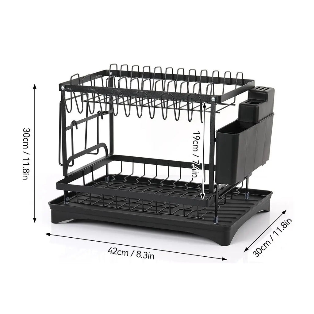 2-Tier Carbon Steel Dish Rack with Large Capacity - Double Layer Plate & Cup Drying Drainer, Cutlery Holder