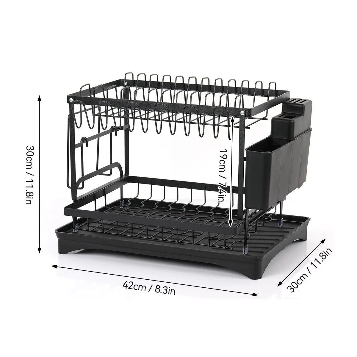 2-Tier Carbon Steel Dish Rack with Large Capacity - Double Layer Plate & Cup Drying Drainer, Cutlery Holder