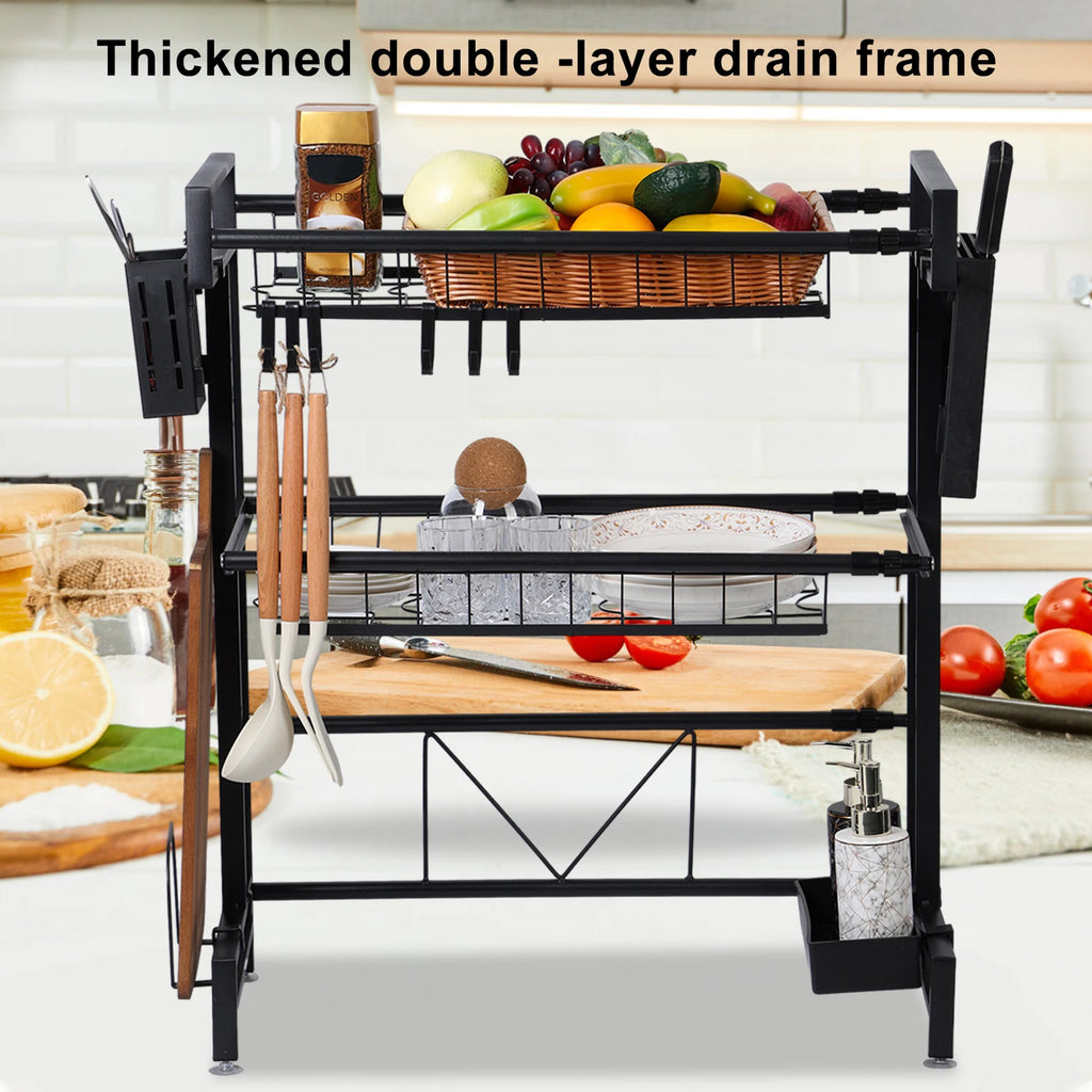 2 Tier Kitchen Storage Shelf Above Sink Stretchable Bowl Draining Rack Multifunctional Dish Knife Spoon Sink Rack Set Organizer