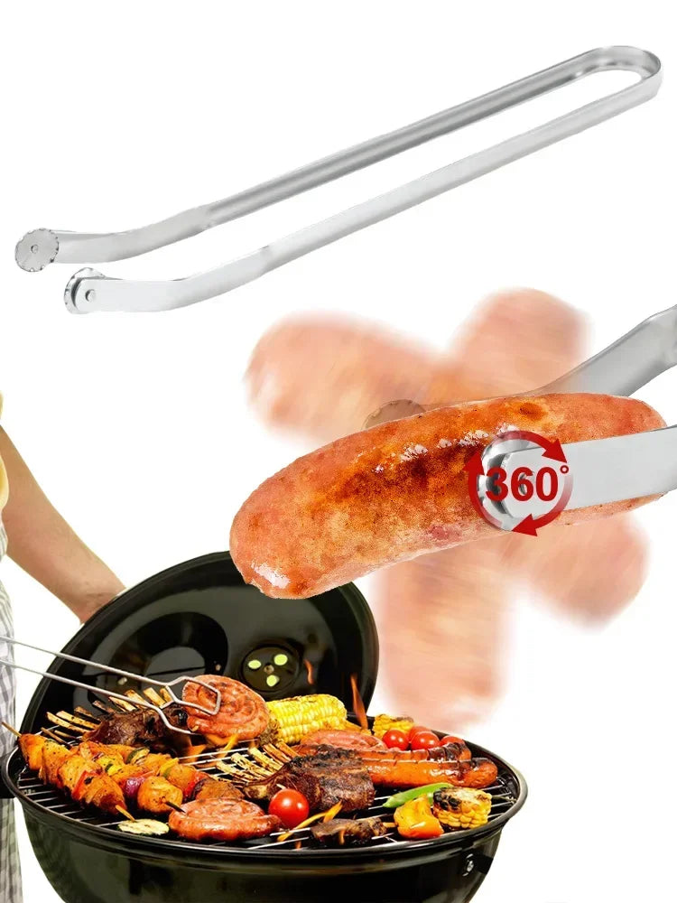 BBQ Sausage Turning Tongs Kitchen Hot Dogs Cooking Clip Stainless Steel Barbecue Long Handle Tongs for Flipping Bacon Steak Meat