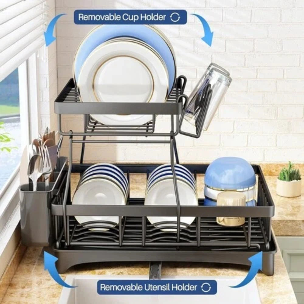 2-Tier Stainless Steel Kitchen Sink Dish Drainer & Drying Rack, Includes Cup & Cutlery Holders