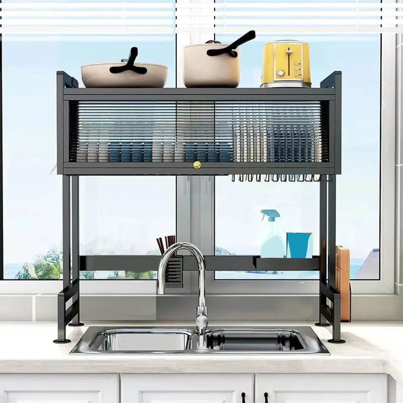 Over Sink Dish Drying Rack Carbon Steel Space Saving 2 Tier Above Kitchen Sink Dish Drying Drainer Rack with Cover for Kitchen