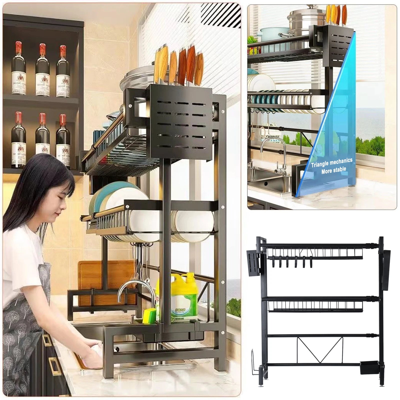 2 Tier Kitchen Storage Shelf Above Sink Stretchable Bowl Draining Rack Multifunctional Dish Knife Spoon Sink Rack Set Organizer