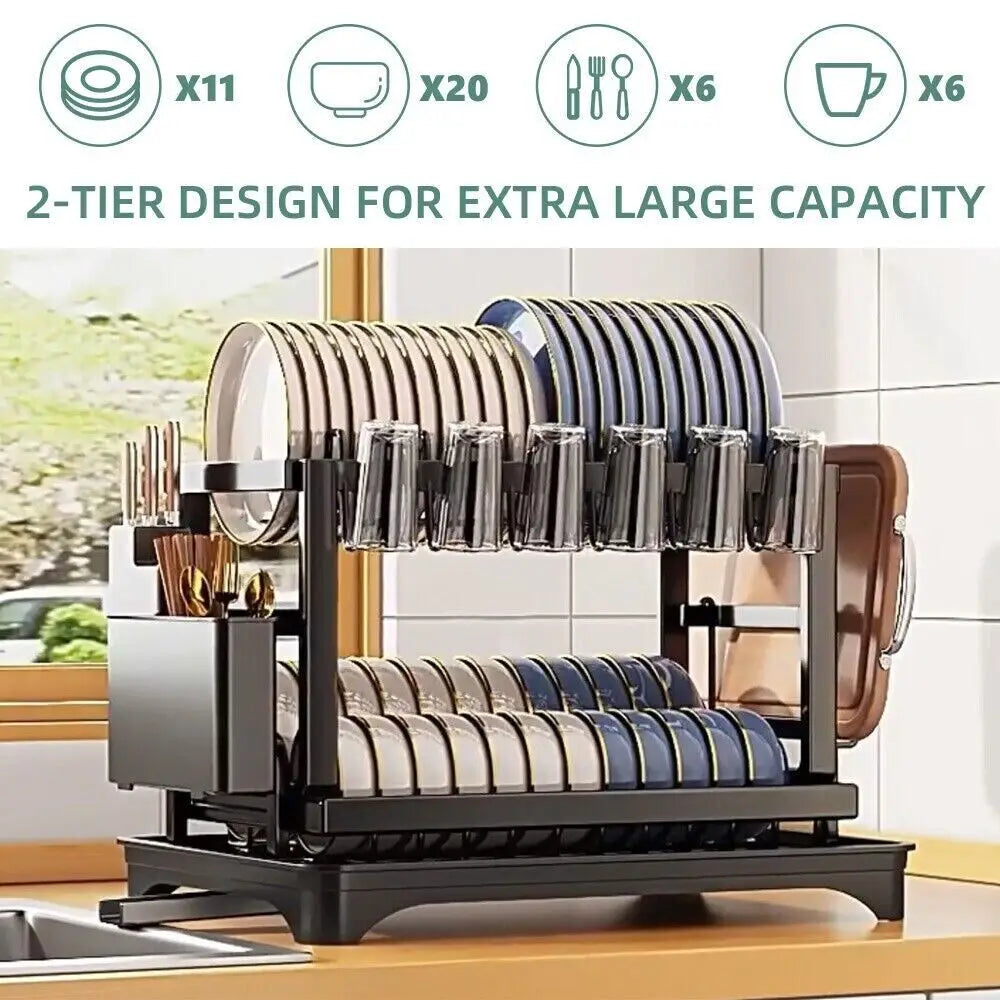 2-Tier Dish Drying Rack with Cutlery Holder, Carbon Steel & Plastic, Easy Install Over Sink Drainer, Sturdy Water Dish Storage