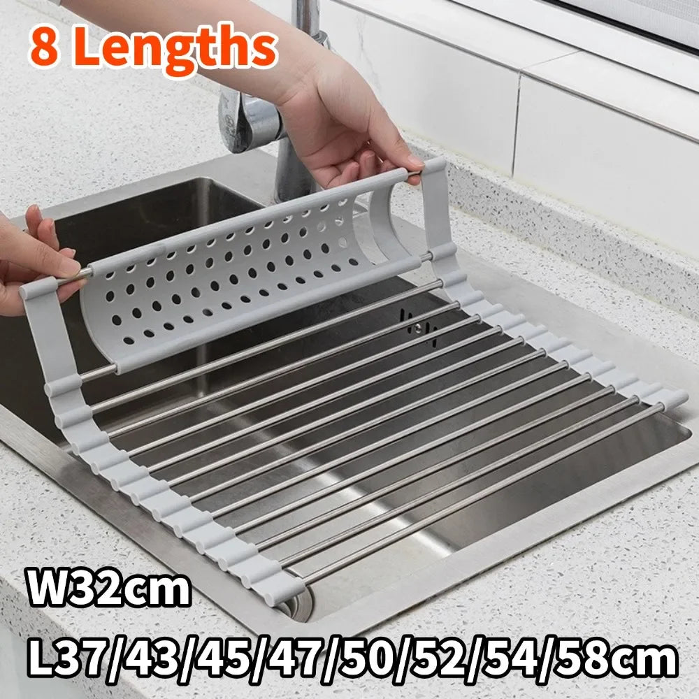 304 Stainless Kitchen Foldable Sink Plate Storage Bowl Holder Kitchen Dish Drying Rack Dish Drainer Shelf Kitchen Accessories