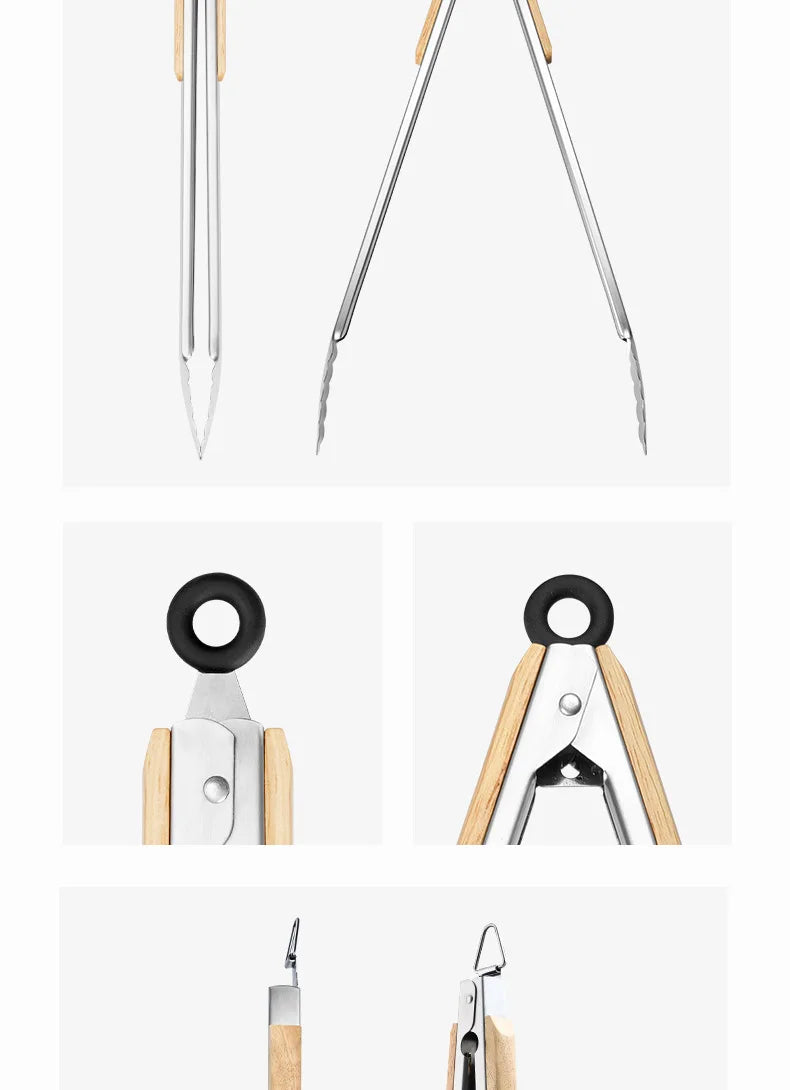 Stainless steel food tongs with heat-resistant wooden handles, anti-scald steak tongs, BBQ outdoor grill tongs, bread clips
