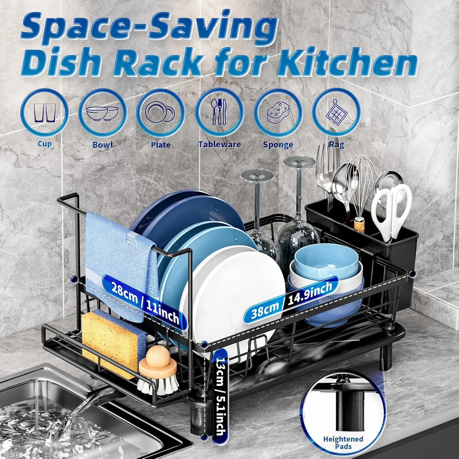 dish draining rack,Cutlery rack with drain tray and drip line,cup holder,cutlery holder,Kitchen countertop storage rack