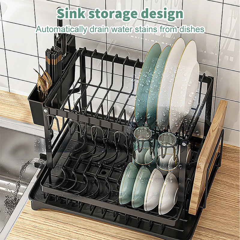 2tier Dish Drying Rack Kitchen Plates Organizer Drainer Rack Countertop Cutlery Storage Holder Kitchen Accessories