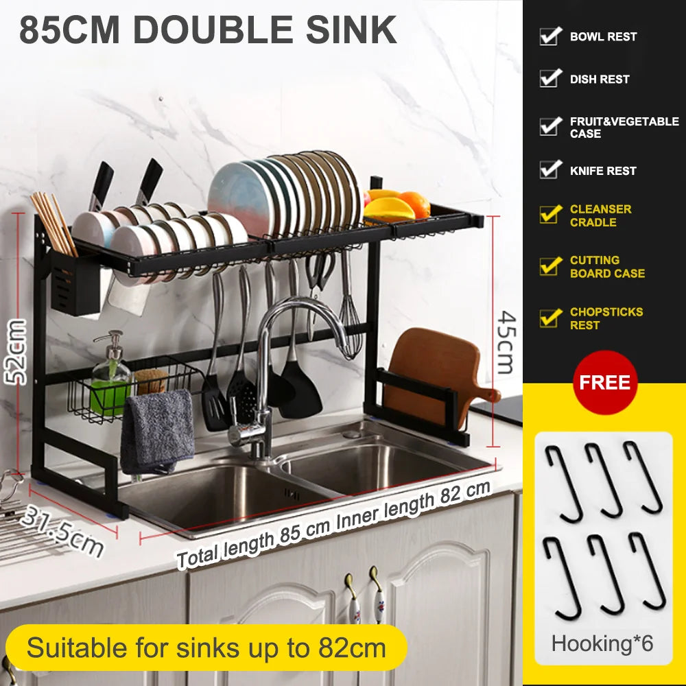 Dish Drying Rack Over the Sink 85CM Large Dish Drainer Shelf For Kitchen Sink Stainless Steel Organizer and Storage Double Sink