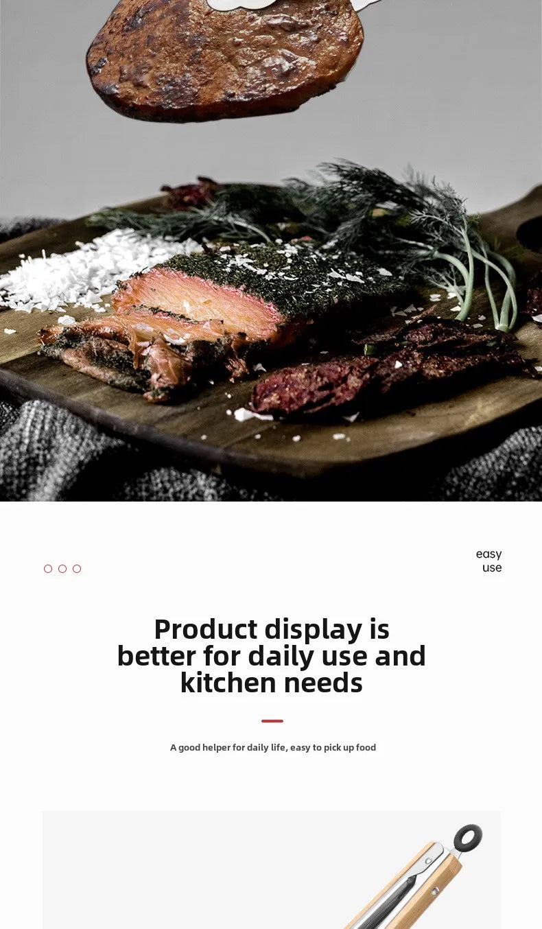 Stainless steel food tongs with heat-resistant wooden handles, anti-scald steak tongs, BBQ outdoor grill tongs, bread clips