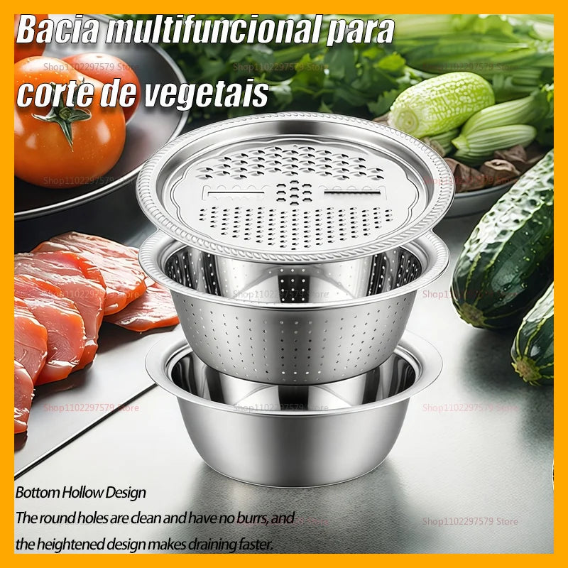 3-in-1 Vegetable Slicer Cutter Grater Drain Basket Stainless Steel Salad Maker Bowl Kitchen Gadgets Fruits Vegetables Cooking