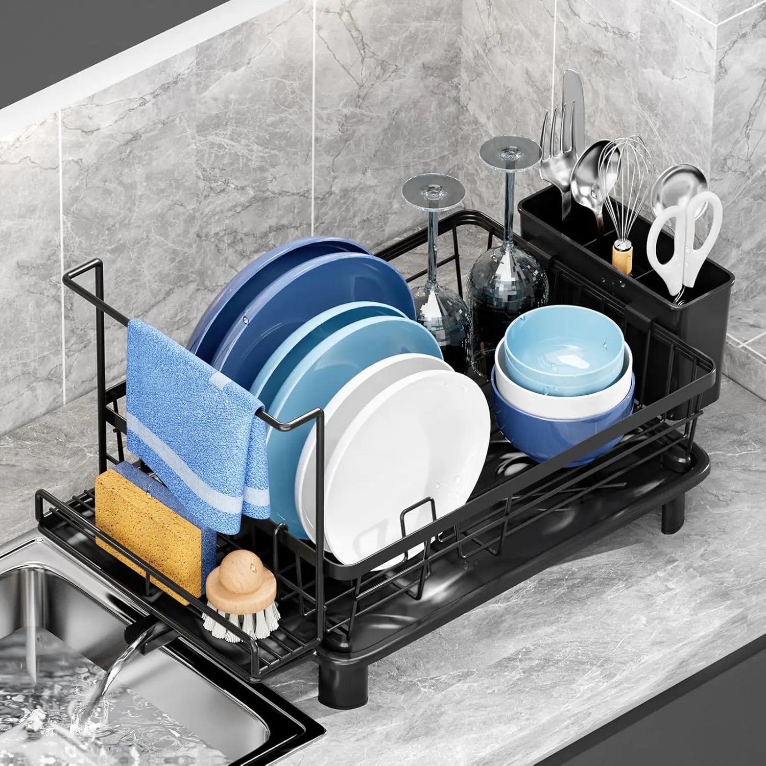 dish draining rack,Cutlery rack with drain tray and drip line,cup holder,cutlery holder,Kitchen countertop storage rack