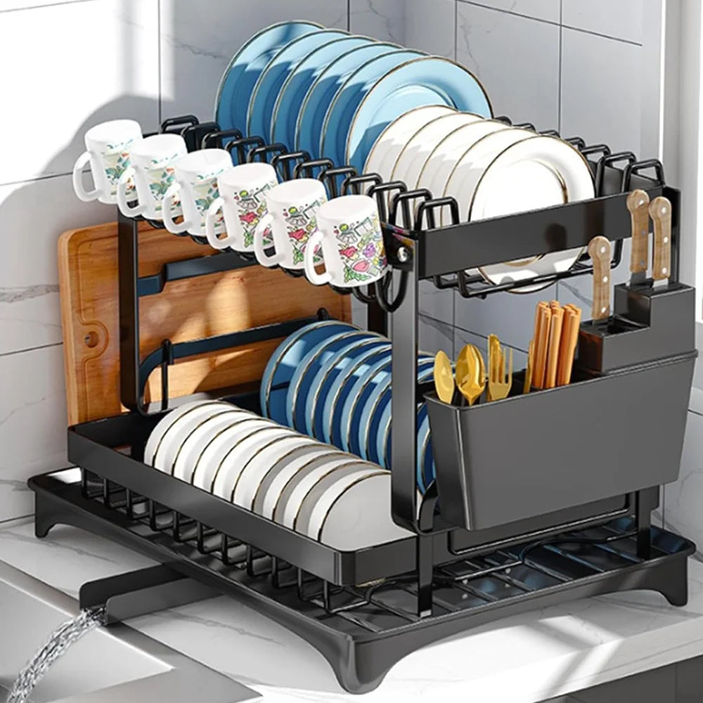 2 tier,dish drying rack,Cutlery rack with spout and draining tray,cutlery holder,cup holder,kitchen countertop storage rack