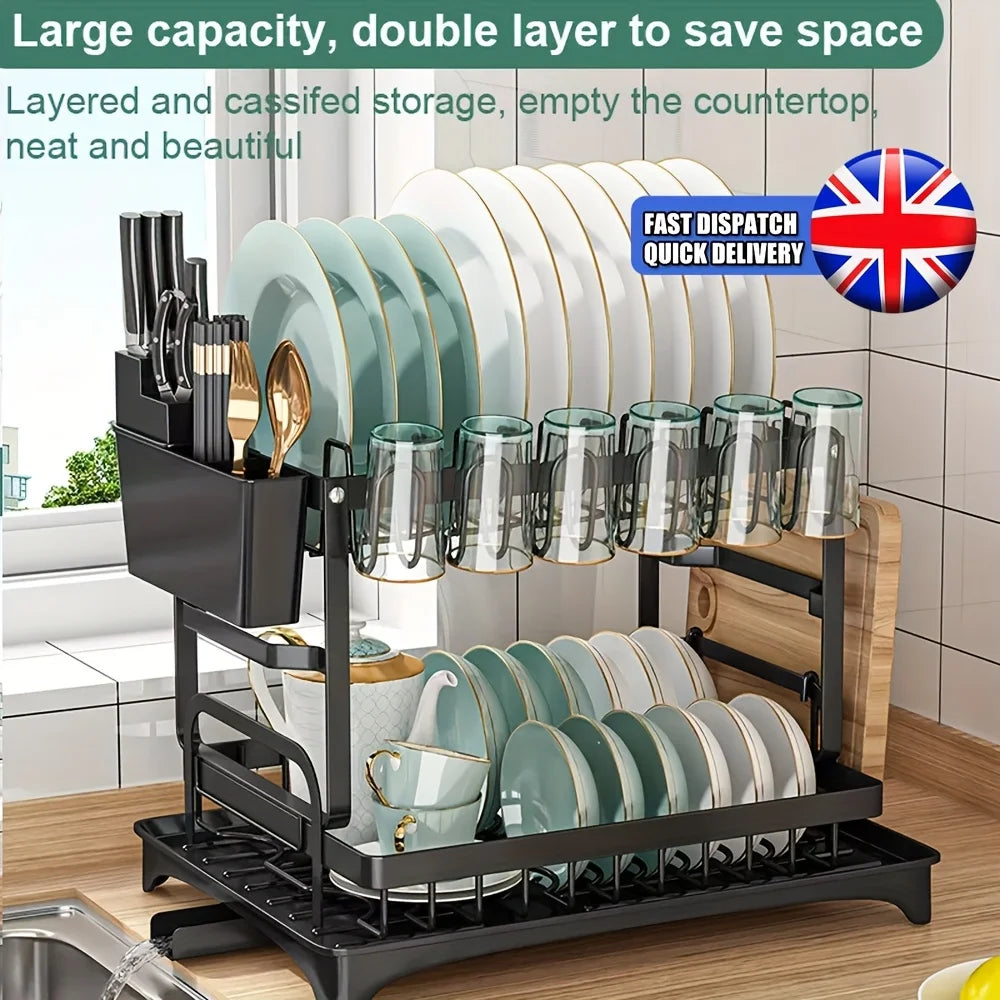 2-Tier Carbon Steel Dish Rack with Large Capacity - Double Layer Plate & Cup Drying Drainer, Cutlery Holder
